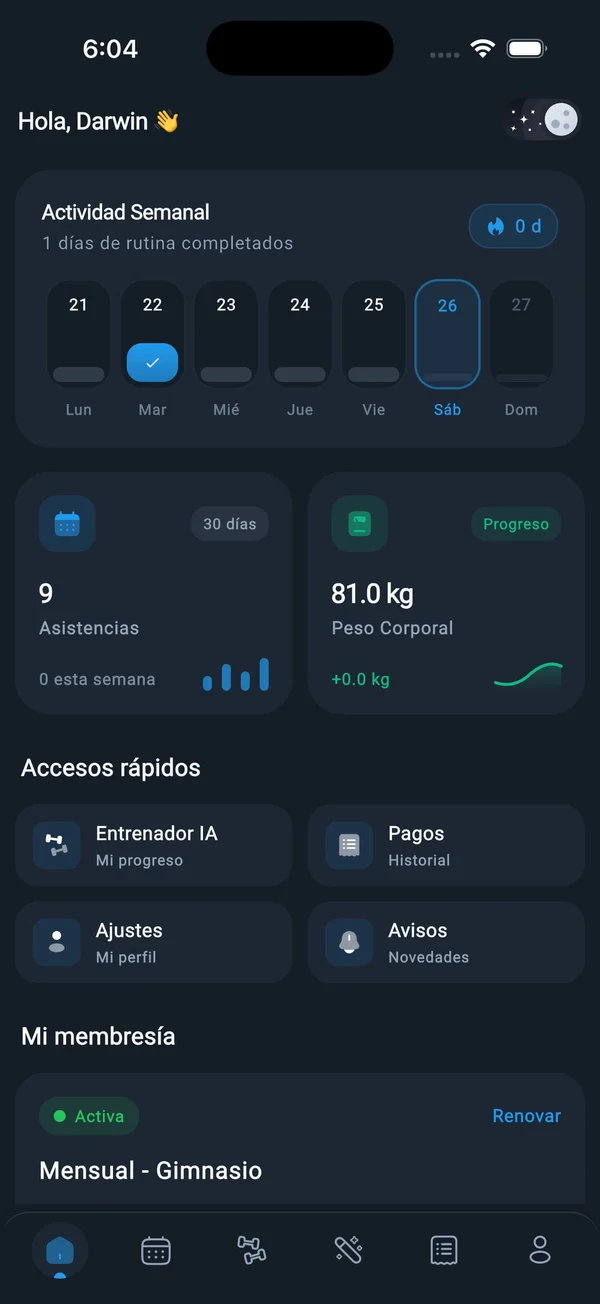 Vigencia de membresía y pagos con tarjeta o transferencia en app init fit