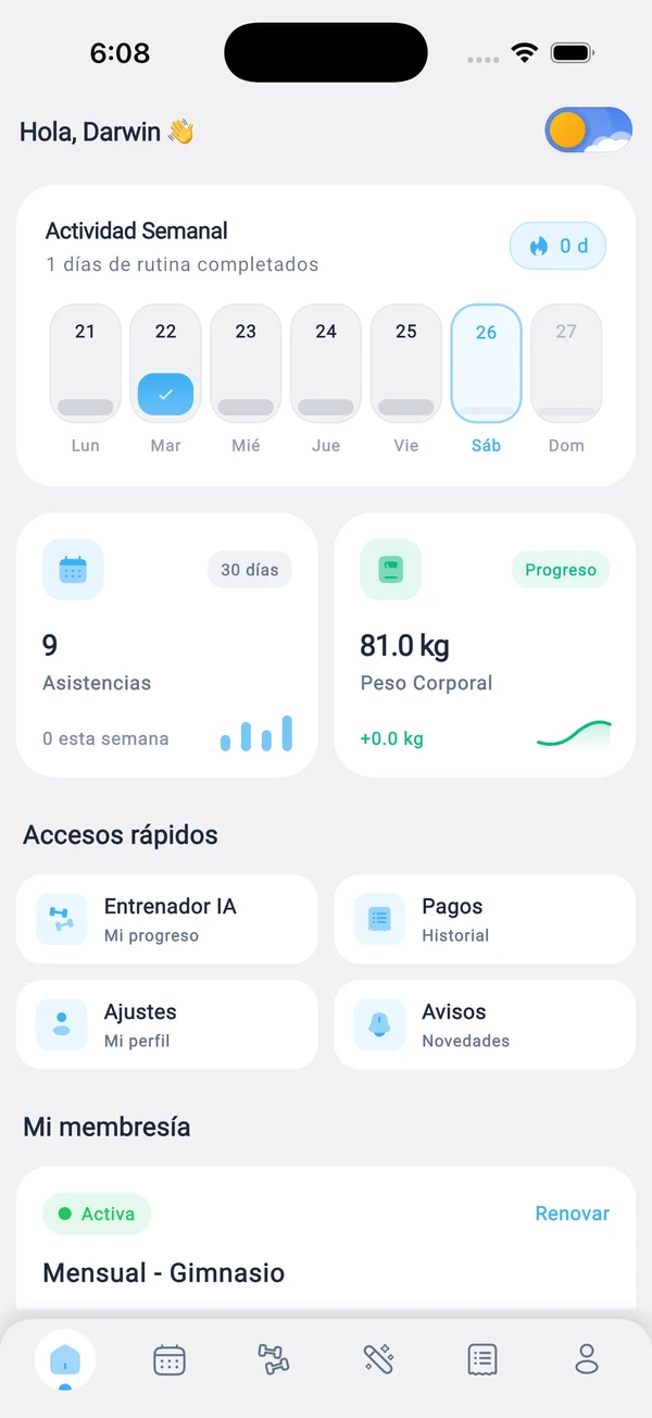 Vigencia de membresía y pagos con tarjeta o transferencia en app init fit